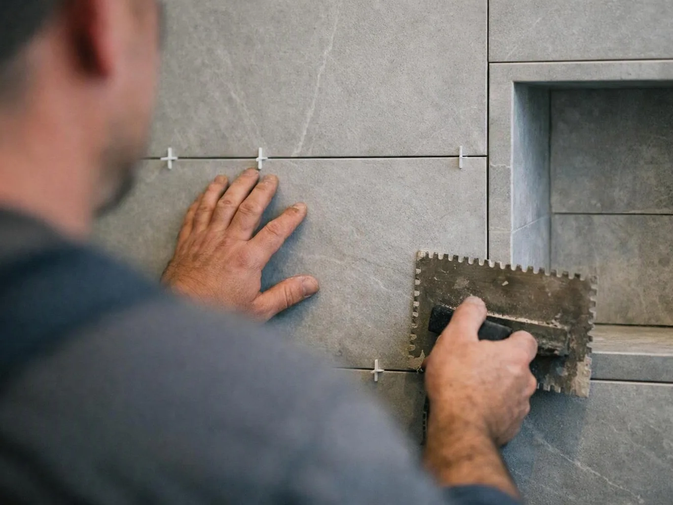 A worker presses gray wall tiles with a trowel, aligning them around a recessed shelf area