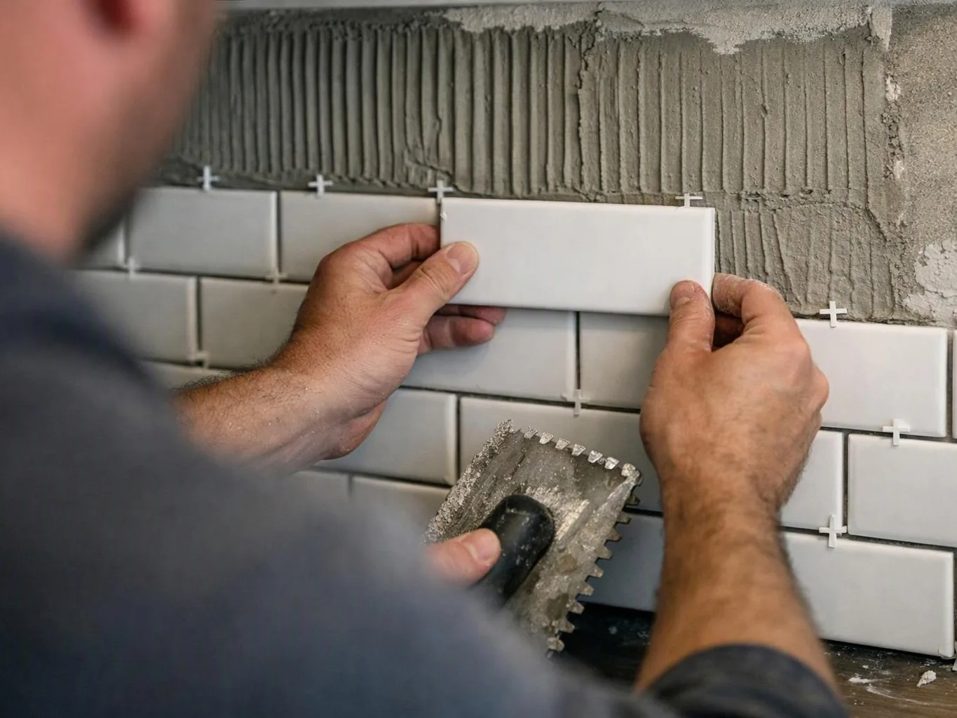A worker presses white subway tiles onto adhesive on a wall with tile spacers in place