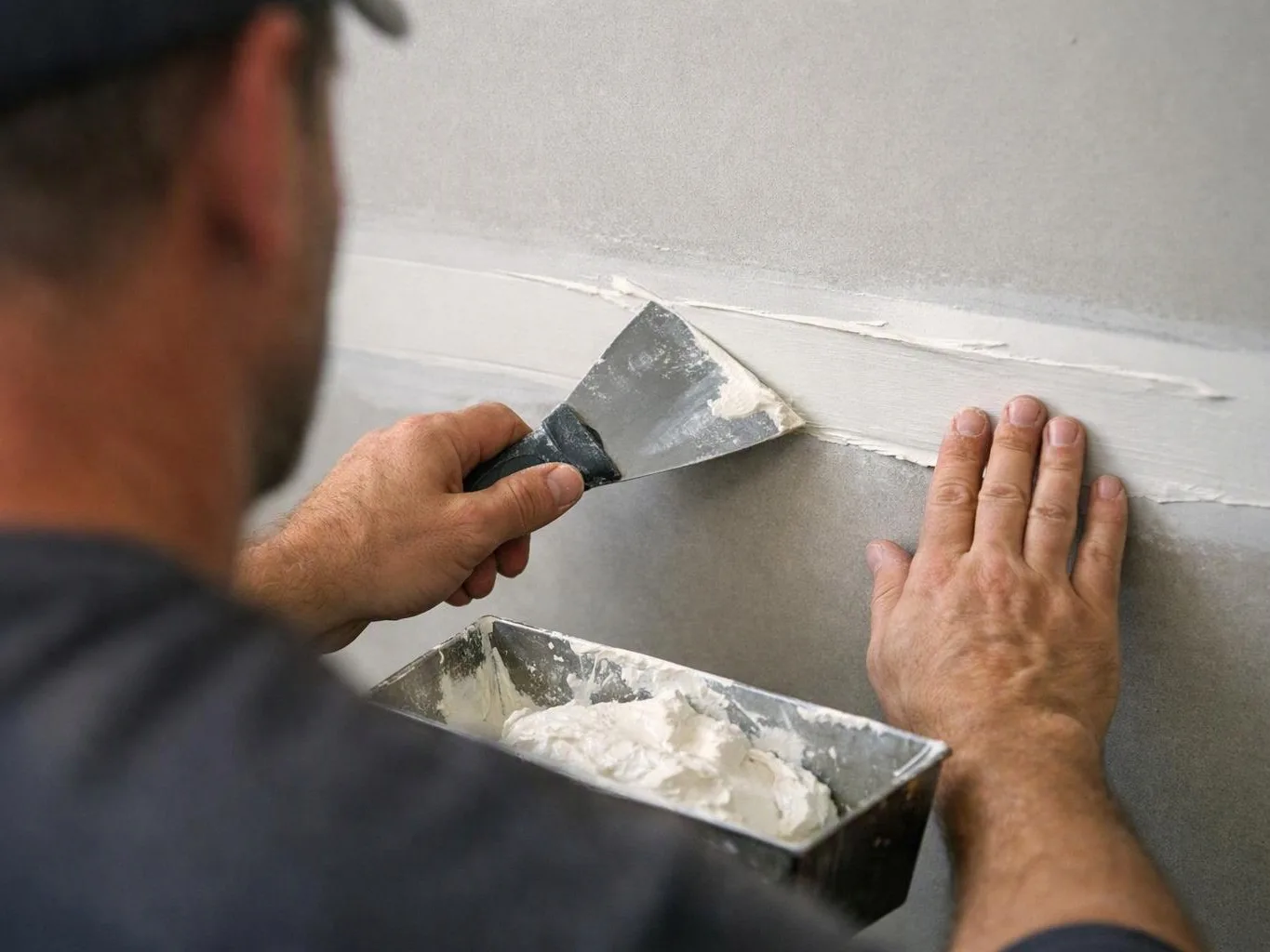 A worker spreads joint compound on a gray wall with a putty knife and his other hand steadies the surface